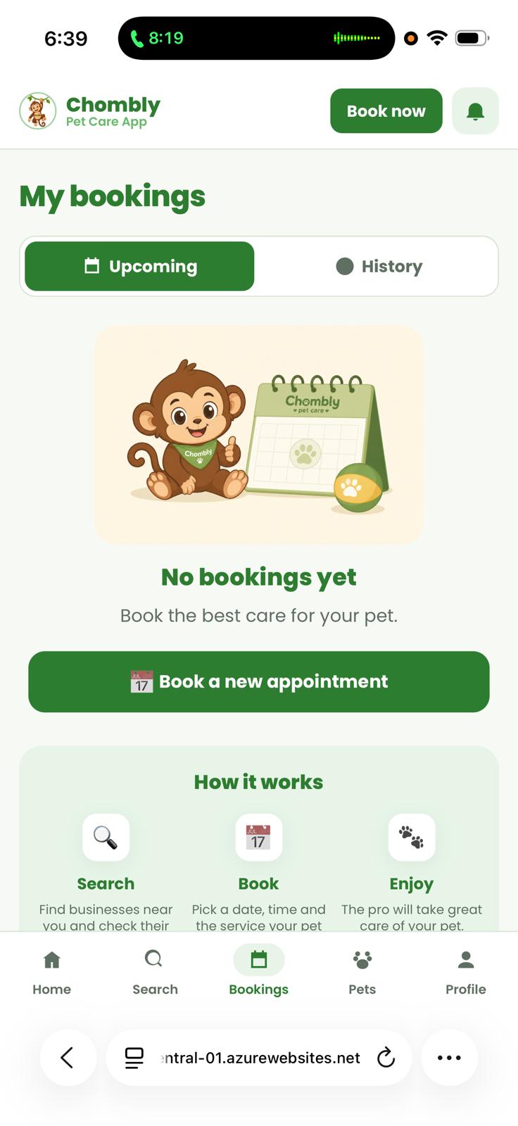 My bookings view with upcoming appointments