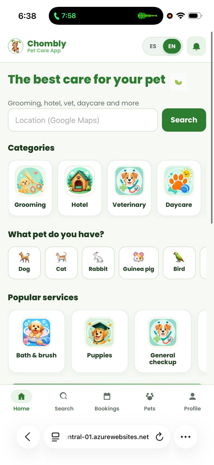 Chombly home screen showing categories and services