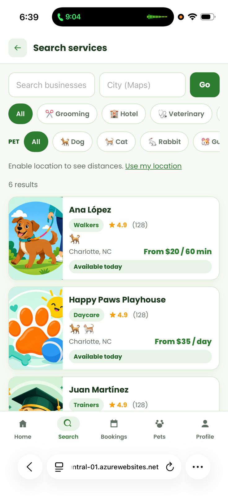 Search services with filters and results